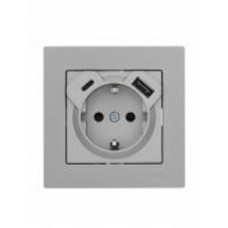 Розетка побутова + USB с заземлением Lezard Vesna серый 742-3588-181TC