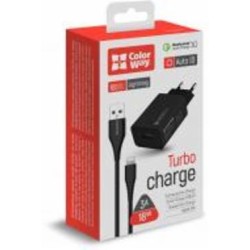 Зарядное устройство ColorWay 1USB Quick Charge 3.0 (18W) черное + cable Lightning
