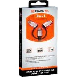 Кабель Real-el черный (USB 2.0 Premium AM-3in1 1m, bl)